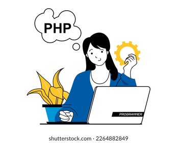 Web development concept with character situation. Woman working with program code at laptop, creates site interface, testing and settings. Vector illustration with people scene in flat design for web