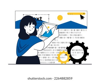 Web development concept with character situation. Woman places graphic elements in page interface template, works with code and settings. Vector illustration with people scene in flat design for web