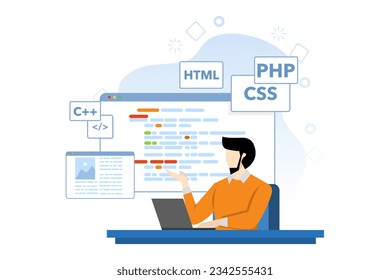 Web Development concept, characters are designing and developing websites and apps, responsive web design, website interfaces, coding and programming, flat vector illustration on background.