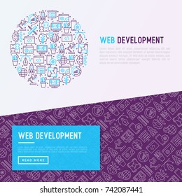Web development concept in circle with thin line icons of programming, graphic design, mobile app, strategy, artificial intelligence, optimization, analytics. Vector illustration for web page.