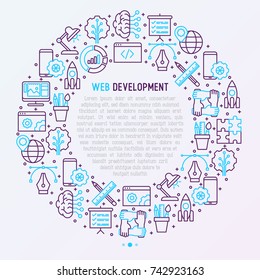 Web development concept in circle with thin line icons of programming, graphic design, mobile app, strategy, artificial intelligence, optimization, analytics. Vector illustration for web page.