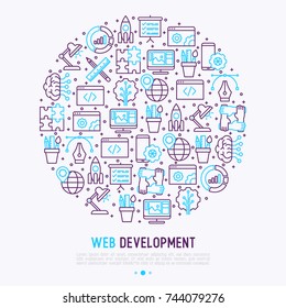Web development concept in circle with thin line icons of programming, graphic design, mobile app, strategy, artificial intelligence, optimization, analytics. Vector illustration for web page.