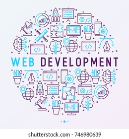 Web development concept in circle with thin line icons of programming, graphic design, mobile app, strategy, artificial intelligence, optimization, analytics. Vector illustration for web page.