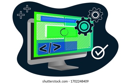 Concepto de desarrollo web, monitor de computadora, cuadrícula de diseño web e iconos relacionados, ilustración vectorial.