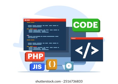Web development concept, web design, computer programming, mobile app design, coding, software, programming languages, website. flat vector illustration on background.