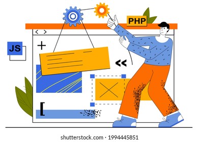 Web development concept. Developer creates layout of site, programming at different languages, places buttons, navigation elements. Vector illustration for web page template in flat line design