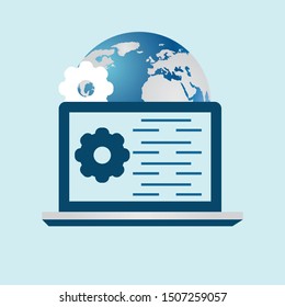 Web Development concept with digital devices on sky blue background.