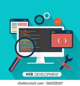 Web Development Concept With Digital Devices On Sky Blue Background.