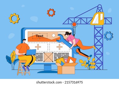 Web development web concept in flat 2d design. Man and woman create wireframe of site, places blocks, programming, filling layout and making user interface. Vector illustration with people scene