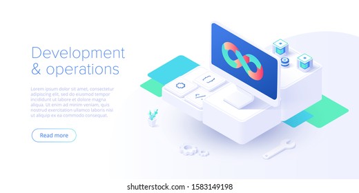 Web development concept in flat design. Developing of internet app or online website service. Creative vector illustration. Landing page layout or banner template.