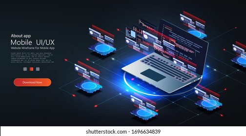 Web Development Concept In Flat Design. Developing Of Internet App Or Online Website Service. Software Development Coding Process Concept. Programming, Testing Cross Platform Code,app On Laptop. UX/UI