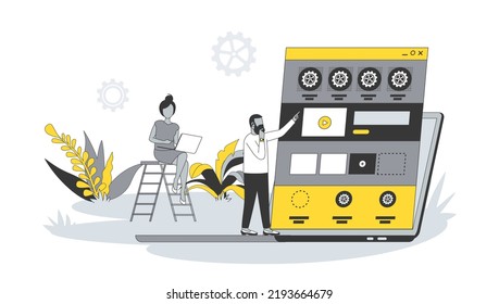 Web development concept in flat design with people. Man and women create site layout, place blocks with content and buttons, working in team. Vector illustration with character scene for web banner