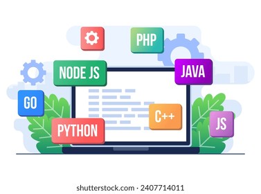 Web development concept flat illustration vector template,  Application design, Coding and programming on a laptop with programming languages, Testing website, Coding process, Analytics data