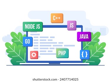 Web development concept flat illustration vector template,  Application design, Coding and programming on a laptop with programming languages, Testing website, Coding process, Analytics data