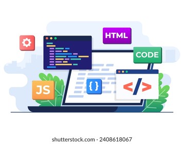 web development concept flat illustration vector template, Web design, Computer programming, Mobile application design, Coding, Software, programming languages, website 