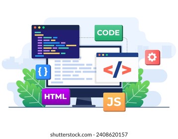 Web-Entwicklungskonzept flache Vektorvorlage, Webdesign, Computerprogrammierung, Design mobiler Anwendungen, Programmierung, Software, Programmiersprachen, Website 