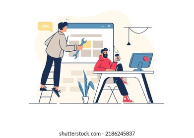 Web development concept in flat line design with people scene. Men creates sites and homepages layouts and optimization for different gadgets, fillings graphic content. Vector illustration for web