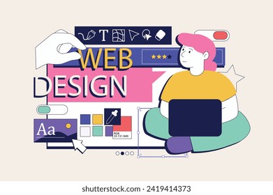 Concepto de desarrollo web en diseño de nebutalismo plano. Mujer creando interfaz de página de inicio colocando contenido y botones en la maqueta. Ilustración vectorial para banner de medios sociales, material de marketing.