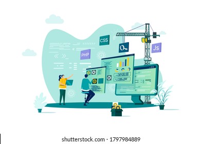 Web development concept in flat style. Developers team construct web application scene. Full stack development, software engineering, design and programming. Vector illustration with people characters