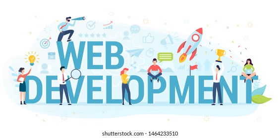 Web development concept. Group of people gather and work together to get good business results. Idea of communication and cooperation. Isolated flat vector illustration