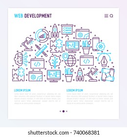 Web development concept in half circle with thin line icons of programming, graphic design, mobile app, strategy, artificial intelligence, optimization, analytics. Vector illustration for web page.