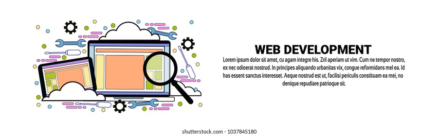 Web Development Concept Horizontal Banner With Copy Space Vector Illustration