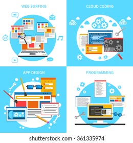Web development concept icons set with web surfing cloud coding and programming symbols flat isolated vector illustration 