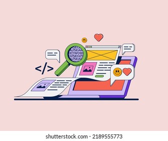 Web development concept illustration with computer and coding and SEO or marketing graphic elements and symbols. Cartoon styled vector illustration