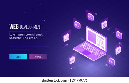 Web Development concept, isometric design of laptop with different programming languages option, responsive website template design sign up login page.