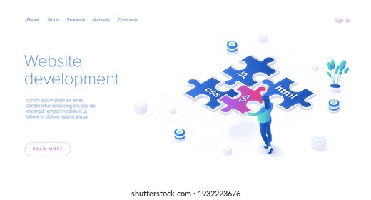 Web development concept in isometric vector design. Developers or designers working at internet app or online service. Web banner layout template.