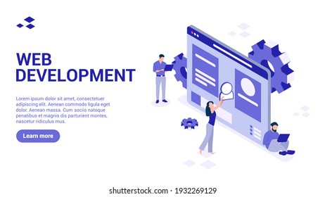 Web-Entwicklungskonzept. Landing Page oder Web Banner Vorlage. 3D-Zeichen, die eine Website erstellen. isometrische Vektorgrafik.