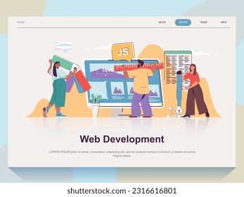 Web development concept for landing page in flat design. Man and woman working on ui application, coding, creating and optimizing layouts. Vector illustration with people scene for website homepage