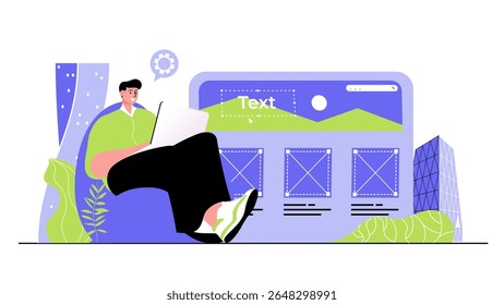 Conceito de desenvolvimento da Web para design moderno. Desenvolvedores de pessoas criando layout de site, inserindo elementos gráficos, criando modelo de aplicativo. Ilustração de vetor plano isolada em fundo branco.