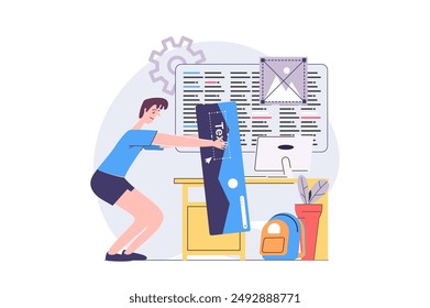 Web development concept in modern flat design for web. Developer creating and programming wireframe app interface, constructing layout with content, making application template. Vector illustration.