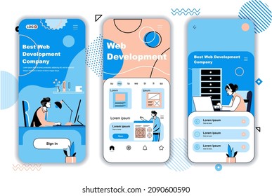 Web development concept onboarding screens for mobile app templates. Developers team create and optimize layout. UI, UX, GUI user interface kit with people scenes for web design. Vector illustration