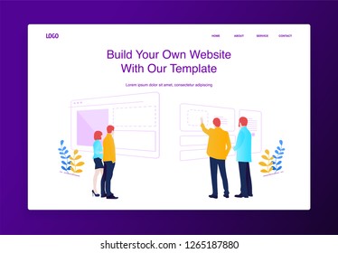 Web development concept with people building website, filling it with content, making necessary settings for web page interface.