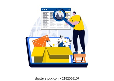Web development concept with people scene in flat cartoon design. Man designer searching information, creates websites layouts, programming and testing code. Vector illustration visual story for web