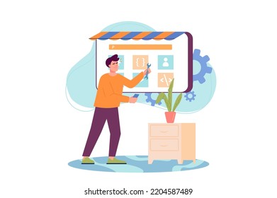 Web development concept with people scene in the flat cartoon style. Programmer corrects errors in the Internet site settings. Vector illustration.