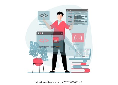 Web development concept with people scene in flat design. Man works with different parts of code on projection screens, writing and testing code. Vector illustration with character situation for web