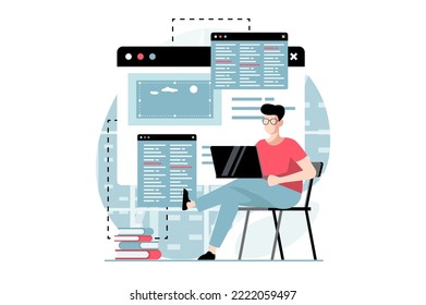 Concepto de desarrollo web con escenas de personas en diseño plano. El hombre programando y escribiendo código, probando y corrigiendo errores, funciona en diferentes pantallas. Ilustración de vector con situación de caracteres para web