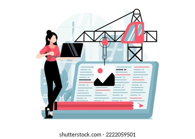 Web development concept with people scene in flat design. Woman writes code and builds wireframe template, optimizes and configures software. Vector illustration with character situation for web