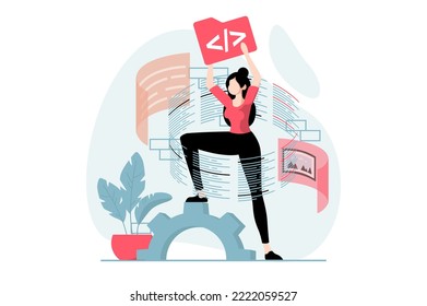 Web development concept with people scene in flat design. Woman works with program code, writes, tests and optimizes sites for user interfaces. Vector illustration with character situation for web