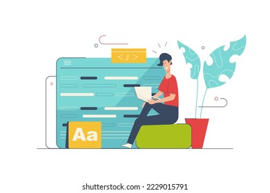 Web development concept with people scene in flat cartoon design. Man creates layout and site templates, optimizes for screens, working with code. Vector illustration with character situation for web