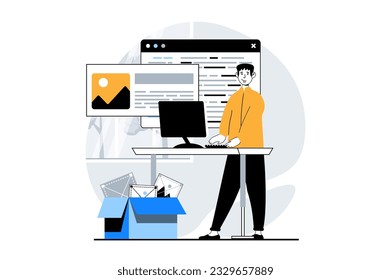 Web development concept with people scene in flat design. Man working with webpage wireframe mockup, building interface of template. Vector illustration for social media banner, marketing material.