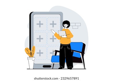 Web development concept with people scene in flat design. Man creating layout with empty blocks of mobile application interface. Vector illustration for social media banner, marketing material.