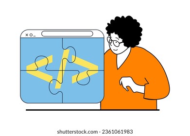 Web development concept with people scene in flat design. Woman developing and coding, solving puzzle, constructing homepage layout. Vector illustration for social media banner, marketing material.