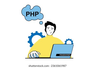 Web development concept with people scene in flat design. Man screaming websites layout, making scripts, testing and fixing code bugs. Vector illustration for social media banner, marketing material.