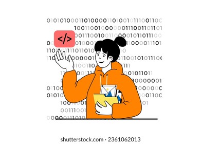 Web development concept with people scene in flat design. Woman working with abstract programming code, searching and fixing bugs. Vector illustration for social media banner, marketing material.