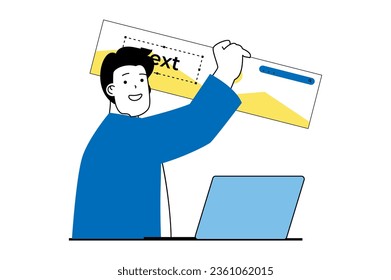 Web development concept with people scene in flat design. Man constructing homepage layout, placing content and text at interface page. Vector illustration for social media banner, marketing material.