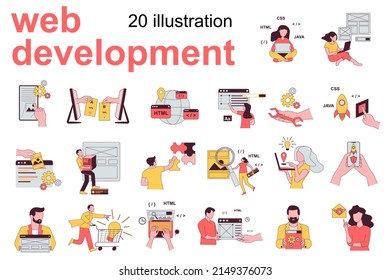 Web development concept with people scenes set in flat design. Men and women coding, optimization sites, create layout interface, analyzing data. Vector illustration visual stories collection for web